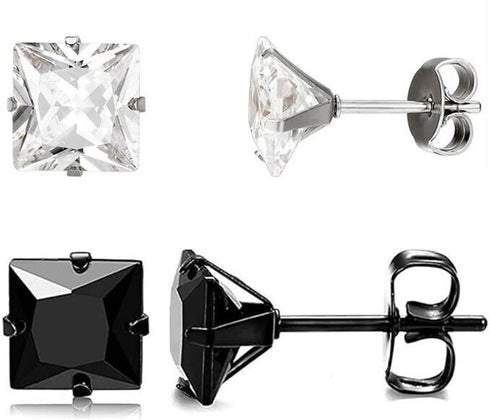 2 Pairs of 316L Surgical-Steel Black & Silver Square CZ Men Women Stud Earrings